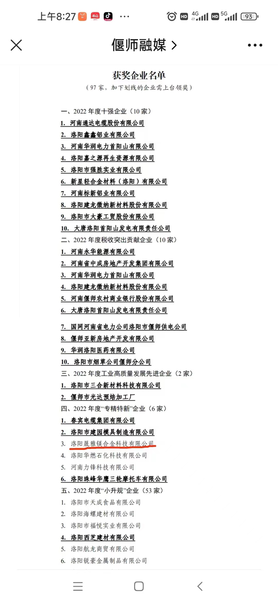 洛陽晟雅鎂合金科技有限公司榮獲“專精特新”企業獎